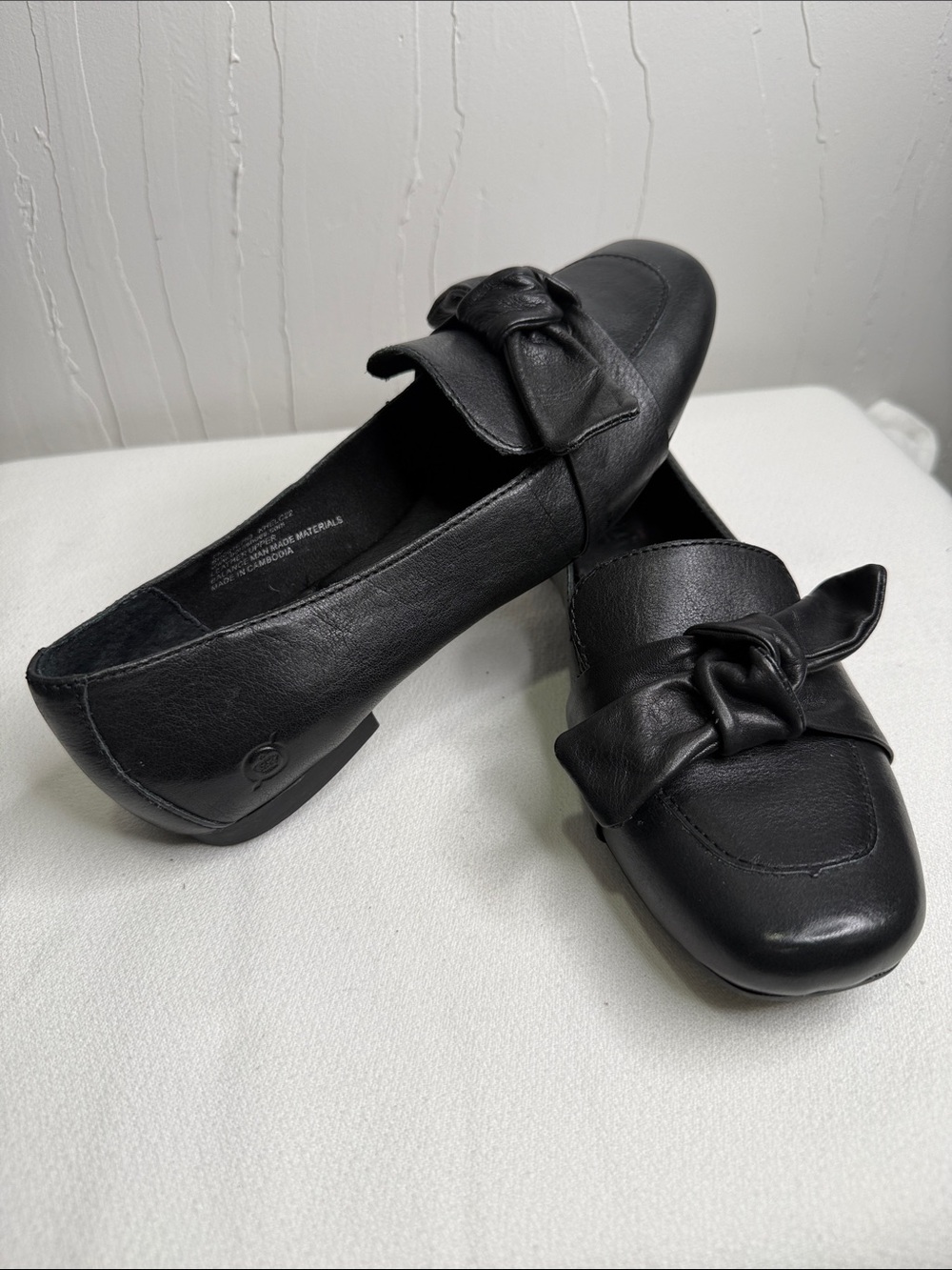 Black Carrine Bow Detail Leather Upper Slip On Loafers